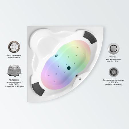 Аэромассажный комплект с хромотерапией 5 в 1 Lavinia Boho Elegant 361930AC, акриловая ванна 140x140 см, каркас с монтажным набором, подголовник, хромотерапия, аэромассаж, артикул 361930AC