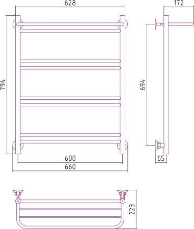 Полотенцесушитель водяной СТИЛЬЕ "Версия-Н1" 800х600 (Полка+1+2+2+2) П 16 (Чёрный), артикул 17621-8060