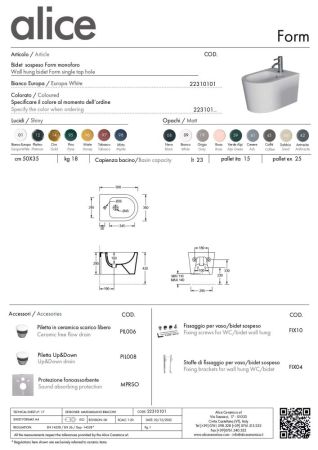 Alice Form, подвесное биде c крепежом fix10, 50x35 см, цвет белый глянцевый, артикул 22310101