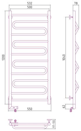 Полотенцесушитель электрический "ЭЛЕГИЯ 2.0" 1200х500 / МЭМ левый (Матовый черный)