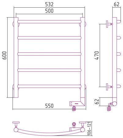 Полотенцесушитель электрический "ГАЛАНТ 2.0" 600х500 / МЭМ правый (Матовый Чёрный)