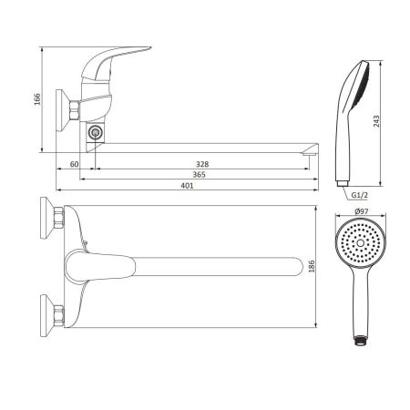319500001_xxx Eclipse, смеситель для ванны и душа с универсальным изливом и душевым комплектом, хром
