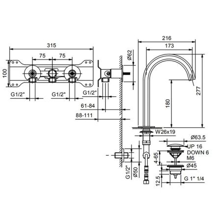 Fantini Внутренняя часть смесителя на 1 отв. с настенным управлением, 1/2'', артикул 19 00 5911A