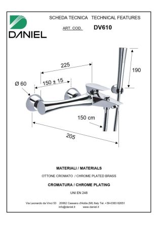 Daniel Diva, однорычажный смеситель для ванны c набором для душа, цвет хром