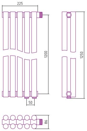Отопительный радиатор ЭСТЕТ-11 н/ж EU50 1200х225 / 5 сек (Матовый ЧЁРНЫЙ), артикул 31-0312-1205