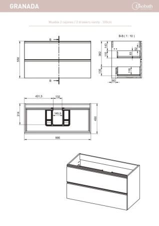 Visobath Granada, тумба 100 см, 2 ящика c черными ручками, цвет орех (Valenti), артикул 76580/87605