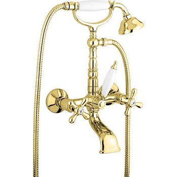 Emmevi Deco Old, двухвентильный смеситель для ванны (излив 14 см), с набором для душа (лейка и дивертер с белой ручкой), цвет золото