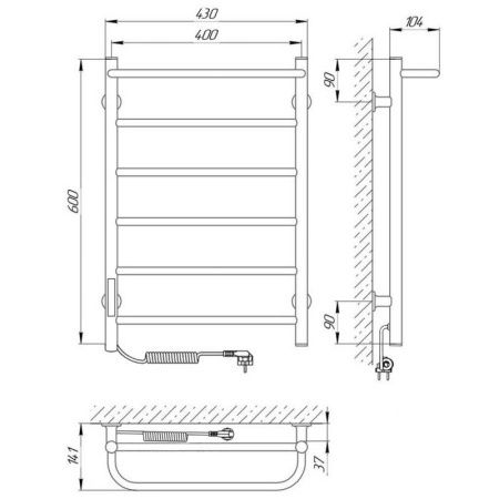 Полотенцесушитель электро "Прайм ЧКЧ П6 400*600", черный матовый, левый