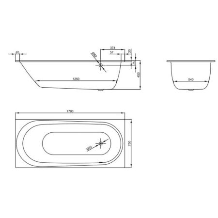 BETTE Comodo Ванна 170х75х45 с шумоизоляцией, , область ног ванны справа, перелив спереди (для удлиненного слив-перелива) белая, артикул 1620-000