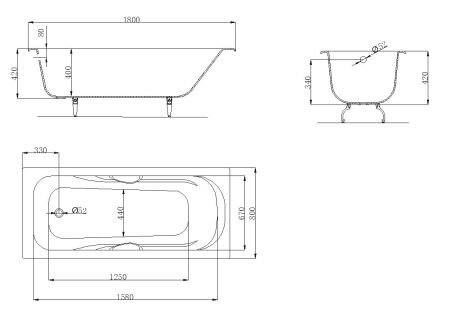 Странд ванна чугунная 1800*800 б/п, с ручками, ножки в комплекте