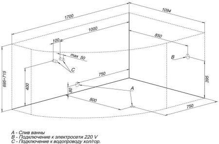 Акриловая ванна Aquanet Capri 170x110 R (с каркасом), артикул 00205387