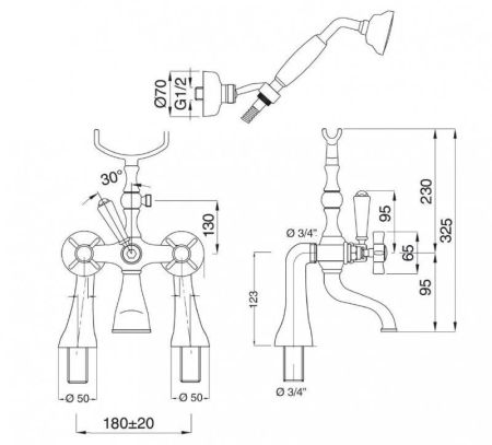 Смеситель на борт ванны с ручным душем CEZARES GOLF-PBV, артикул GOLF-PBV-02-M