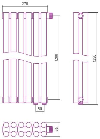Отопительный радиатор ЭСТЕТ-11 н/ж EU50 1200х270 / 6 сек (Состаренная БРОНЗА)