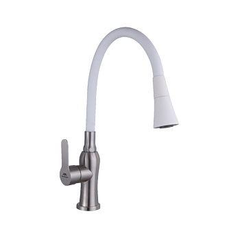 Смеситель для кухни с гибким изливом FASHUN A54801+N7356, сатин/белый