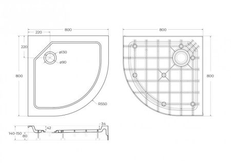 Душевой поддон из стеклокомпозита (SMC) CEZARES TRAY-SMC-R-150-W, артикул TRAY-SMC-R-90-550-150-W