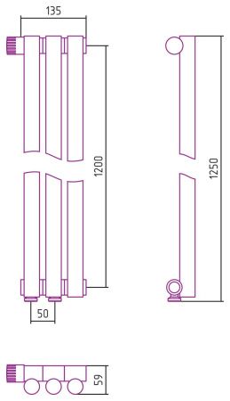 Отопительный радиатор ЭСТЕТ-1 н/ж EU50 левый 1200х135 / 3 сек (Матовый ЧЁРНЫЙ)