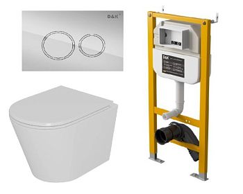 Комплект D&K Унитаз подвесной безободковый (торнадо) DT1026516, Инсталляция DI8050127, Клавиша смыва DB1529001 хром (DS1021614)