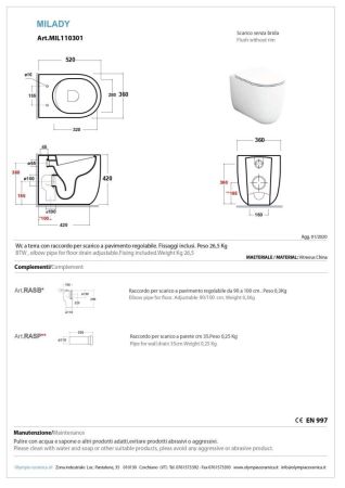 Olympia Milady, напольный безободковый унитаз 52x37xh42 м, цвет серый матовый