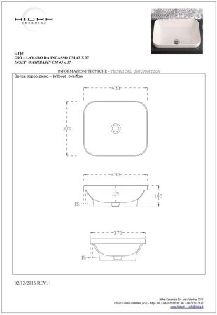 Hidra Gio,  встраиваемая прямоугольная раковина с закругленными краями 43x37x15h см, цвет черный матовый, артикул G143/026