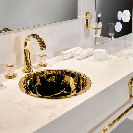 THG DAHLIA Смеситель для раковины на 3 отверстия, с донным клапаном, цвет полированное золото, артикул A41-F01-151