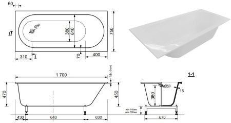 Ванна из искусственного мрамора Aquanet Lotos Stone 170x75 (тонкий бортик) Ванна из искусственного мрамора Aquanet Lotos Stone 170x75 (тонкий бортик)