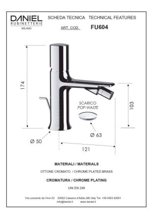 Daniel Fusion, однорычажный смеситель для биде с донным клапаном, цвет хром, артикул FU604-CR