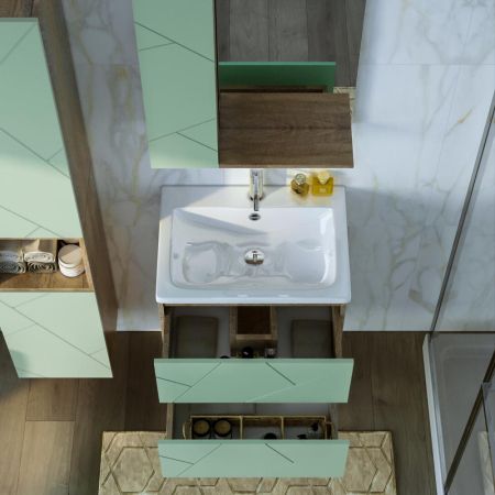 Тумба с раковиной и нишей Бриклаер КРИСТАЛЛ 60F, фисташковый/дуб гранж песочный, артикул КРИСТАЛЛ 60F