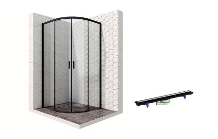 Душевой уголок Ambassador Queen Black 11011202-PR3, полукруглый, линейный трап, 100х100, артикул 11011202-PR3