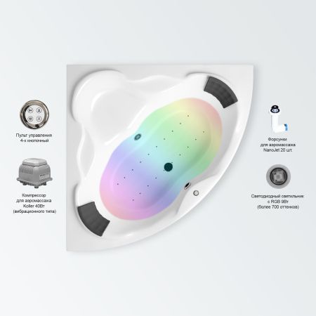 Аэромассажный комплект с хромотерапией 5 в 1 Lavinia Boho Elegant 361960AC, акриловая ванна 150x150 см, каркас с монтажным набором, подголовник, хромотерапия, аэромассаж, артикул 361960AC