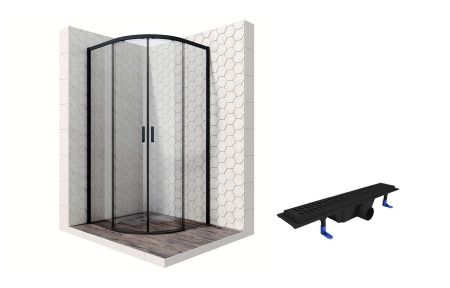 Душевой уголок Ambassador Queen Black 11011201-ST4, полукруглый, линейный трап, 90х90, артикул 11011201-ST4
