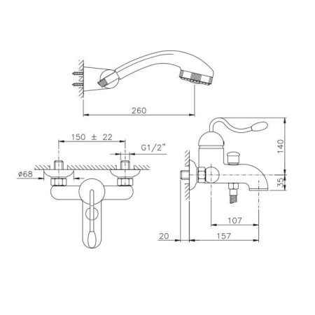 Nicolazzi Signal Смеситель для ванны, однорычажный, настенный, с душем, цвет: золото