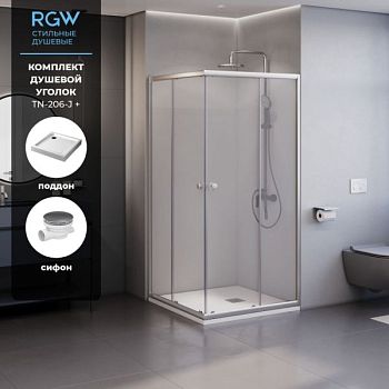 Комплект: Душевой уголок квадратный, раздвижной с угла - TN-206-J + Душевой поддон RGW SMC-C-088W