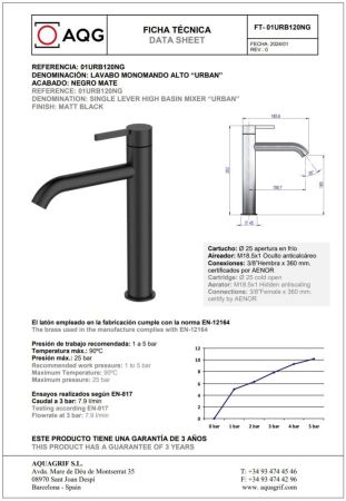 AQG Urban, высокий однорычажный смеситель для раковины без донного клапана, цвет черный матовый, артикул 01URB120NG