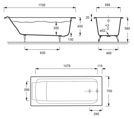 Ванна JACOB DELAFON PARALLEL (170*70) E2947-00 (белый, перелив стандарт., AntiSlip), шт, артикул E2947-00