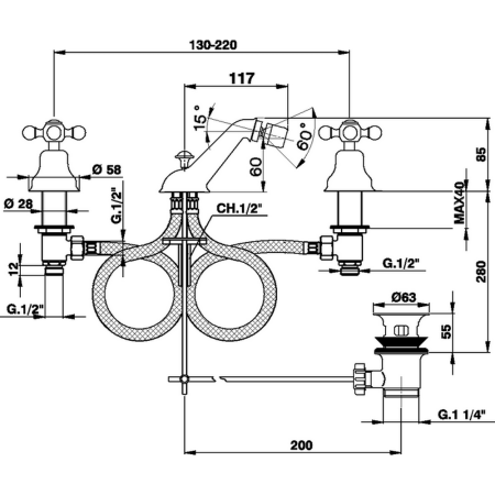 CISAL Arcana Ceramic Смеситель для биде на 3 отверстия с донным клапаном, цвет хром