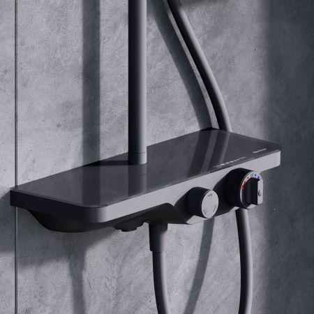 947760300 Apollo душевая система с ванно-душевым ТМС смесителем-полкой, черный, артикул 947760300