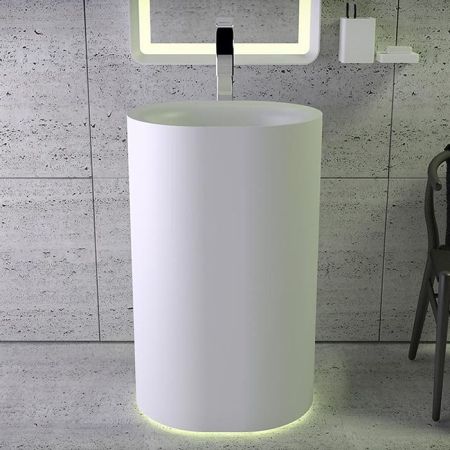 Раковина, KNIEF, Moon, ширина, мм-550, глубина, мм-450, высота, мм-900, тип установки-напольный, отверстия для смесителя-отсутствуют, без перелива, для установки со сливным отверстием в стене, со светодиодами, материал-K-stone, цвет-белый матовый, артикул 0600-031-01WA