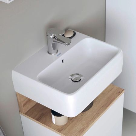 Раковина, Duravit, Qatego, ширина, мм-450, глубина, мм-350, высота, мм-145, тип установки-подвесной, отверстия для смесителя-1, с переливом, материал-фарфор, цвет-белый, артикул 0746450000