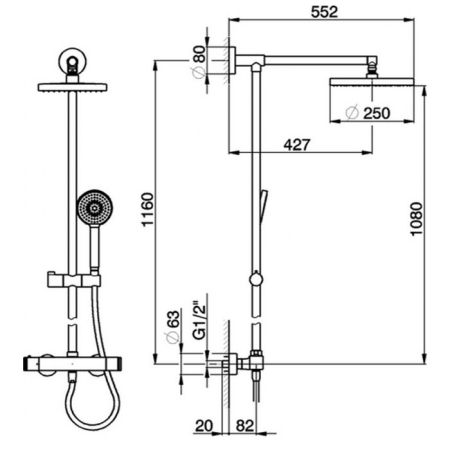 CISAL Roadster Настенная душевая система:термостатический смеситель для душа,верхний душ,ручной душ с держателем и шлангом, цвет хром, артикул RRC7802021
