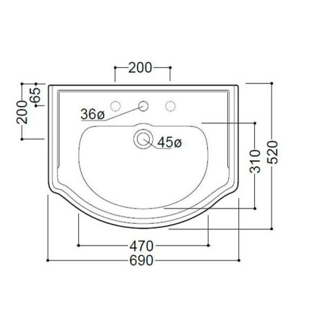 KERASAN Retro 69, раковина 69*52см с 3 отв., цвет: белый, артикул 104601*3