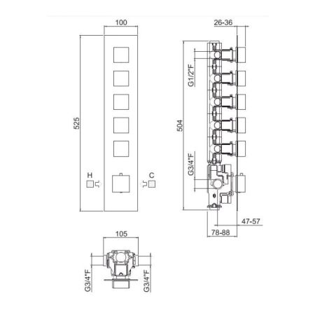 Carimali ILQUADRO  Внешняя часть вертикальная для термостатического смесителя с 5-ю независимыми выходами, цвет хром