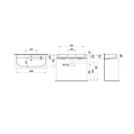 Раковина, Laufen, Sonar, ширина, мм-1000, глубина, мм-420, высота, мм-140, отверстия для смесителя-1, цвет-белый