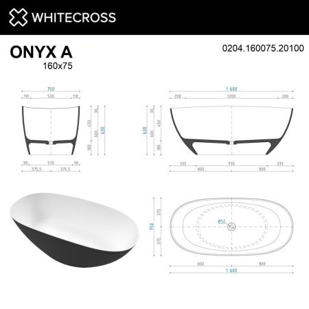 Ванна WHITECROSS Onyx A 160x75 (черный/белый мат) иск. камень, артикул 0204.160075.20100