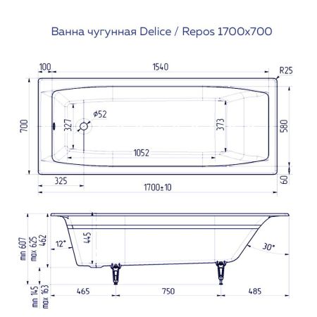 Ванна чугунная Delice Repos 1700х700, без ручек, артикул DLR220508