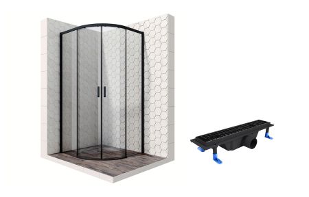 Душевой уголок Ambassador Queen Black 11011201-ST1, полукруглый, линейный трап, 90х90, артикул 11011201-ST1