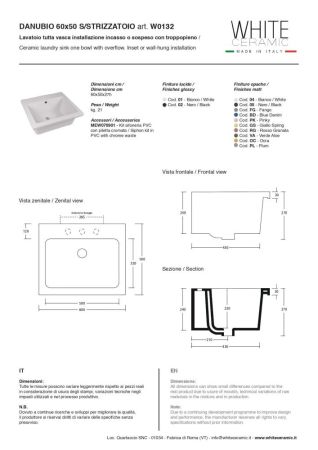 White Ceramic Danubio, постирочная/хозяйственная раковина 60x50x27h см, цвет белый глянцевый, артикул W013201