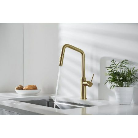 Смеситель для кухни с выдвижной лейкой Timo Saona 2386/17FL золото матовое