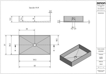 Zenon Volga, накладная раковина прямоугольной формы, 60х37х11,5 см, цвет белый матовый, артикул 4000.000.000.000.09372