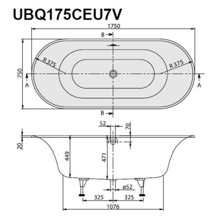 Villeroy&Boch Cetus Ванна шгв 1750*750*471, цвет-белый (БЕЗ СЛИВА-ПЕРЕЛИВА), артикул UBQ175CEU7V-01
