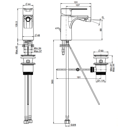 Смеситель для биде, Fima Carlo Frattini, Mast, тип открывания воды-однорычажный, отверстия для монтажа-1, высота, мм-135.5, вынос излива, мм-107, донный клапан-есть, тип подводки-гибкий, стандарт подвода воды-3/8", цвет-хром